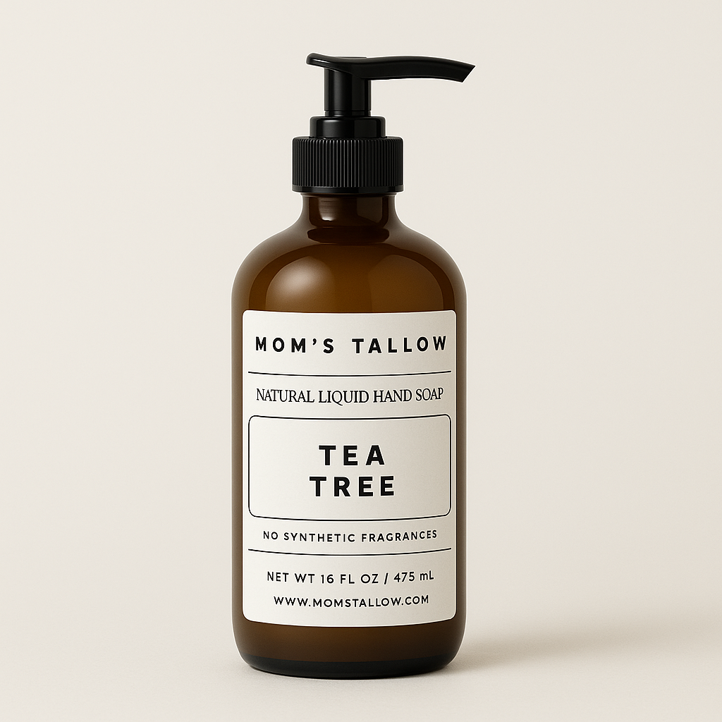 Brown bottle of Mom's Tallow Tea Tree liquid hand soap on a beige background