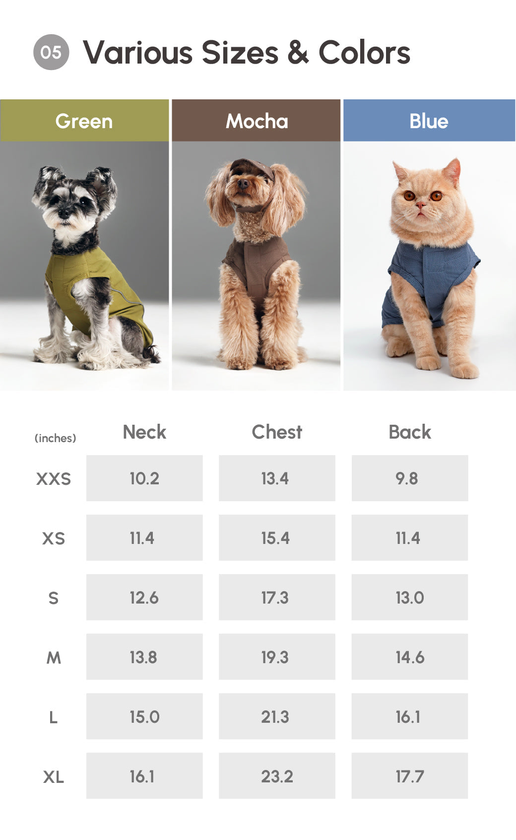 Product size chart with dogs and a cat wearing outfits in green, brown, and blue.