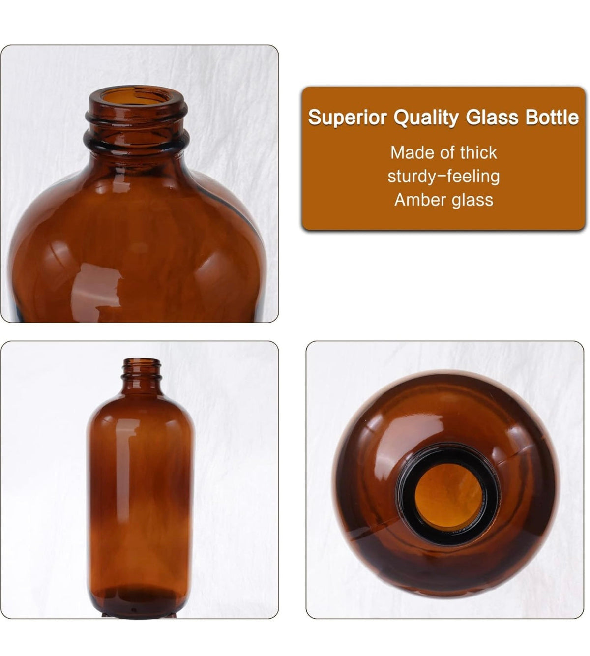 Brown glass bottle with text on a white background