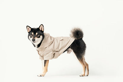 Bowery beige water-repellent dog raincoat with logo snap closure gunmetal hardware adjustable velcro