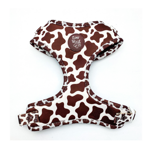 Chocolate cow print adjustable no pull dog harness secure comfortable fit