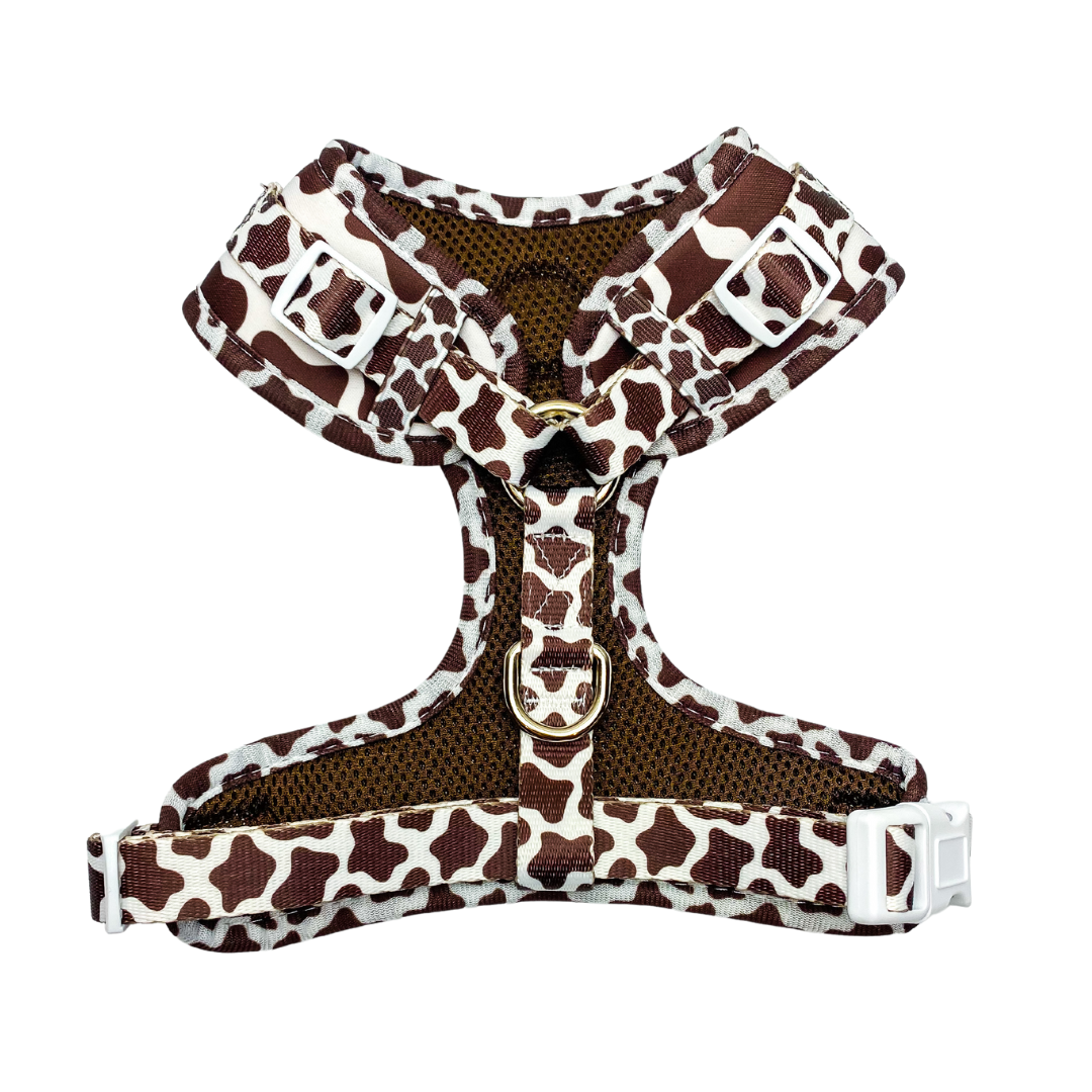 Chocolate cow print adjustable no pull dog harness secure comfortable fit