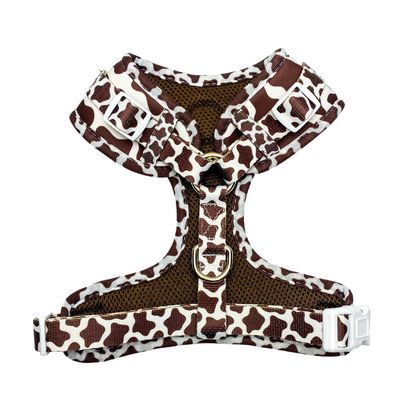 Chocolate cow print adjustable no pull dog harness secure comfortable fit