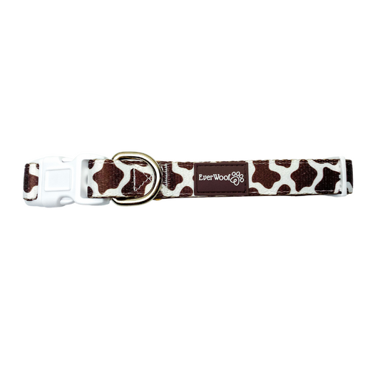 Chocolate cow print adjustable dog collar durable hardware small to large dogs