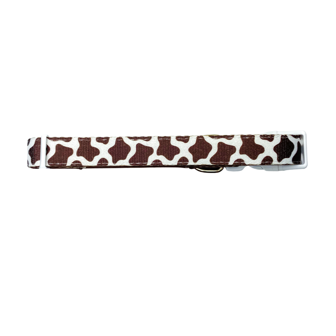 Chocolate cow print adjustable dog collar durable hardware small to large dogs