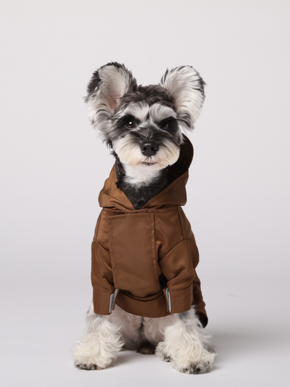 Tribeca chocolate waterproof dog raincoat convertible hood all velcro closure wrap cuff leash hole vent