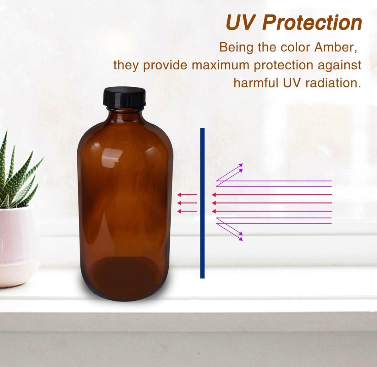Brown bottle with black cap on a white surface, text about UV protection and an illustration of UV rays.