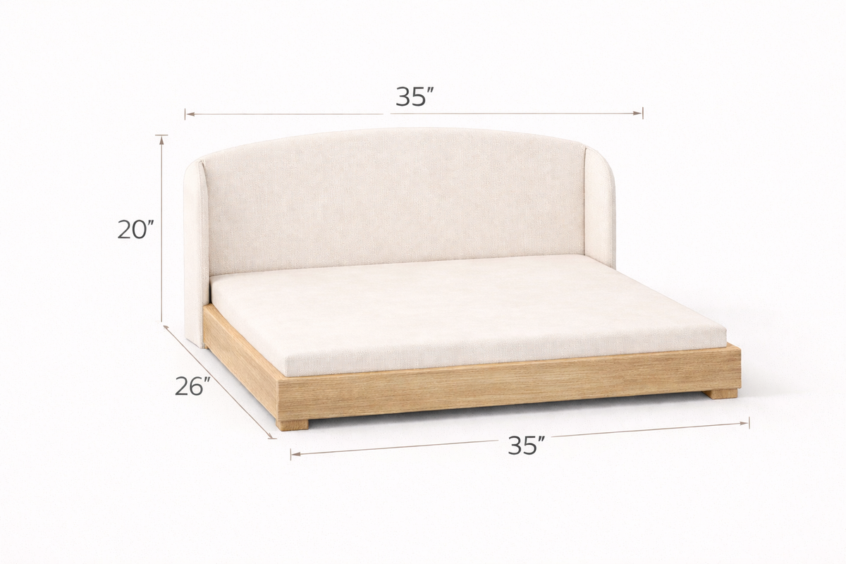 Dimensions of a beige upholstered bed frame with wooden legs on a white background