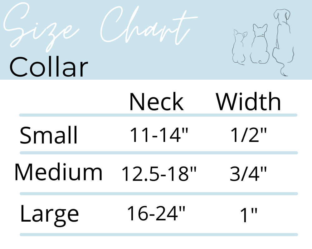 Size chart for collars with measurements for neck and width on a light blue background.
