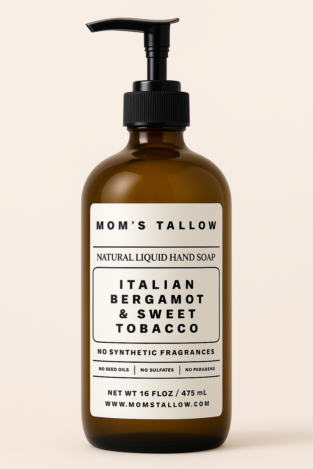 Brown bottle of Mom's Tallow Italian Bergamot & Sweet Tobacco liquid hand soap on a beige background