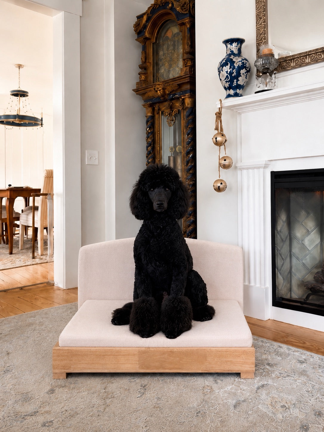 A black poodle sits centered on a small cream upholstered wooden pet sofa in a bright living room with a fireplace, antique clock, and vase in the background.
