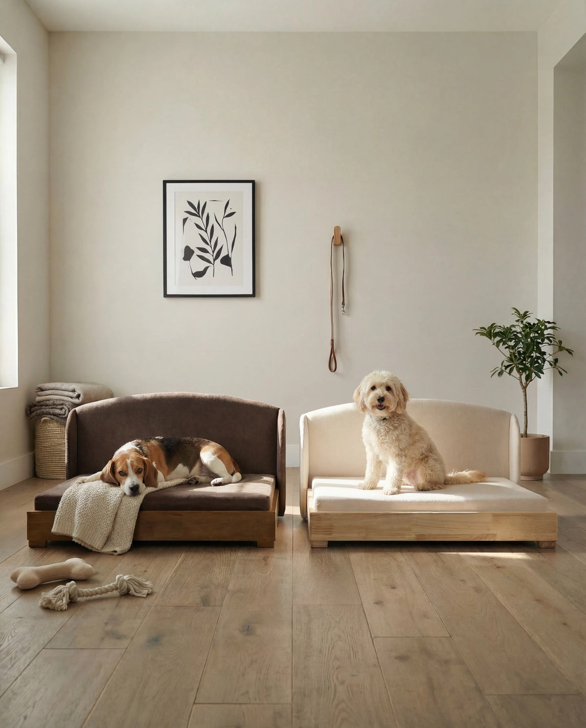 Two modern pet sofas in a bright, minimalist room with light wood floors. A brown dog lies on the left sofa, and a cream-colored dog sits on the right sofa.