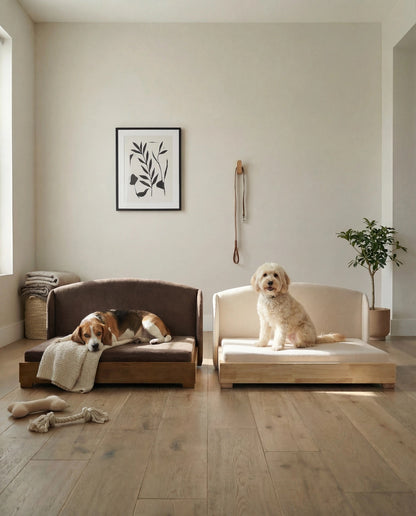 Two modern pet sofas in a bright, minimalist room with light wood floors. A brown dog lies on the left sofa, and a cream-colored dog sits on the right sofa.
