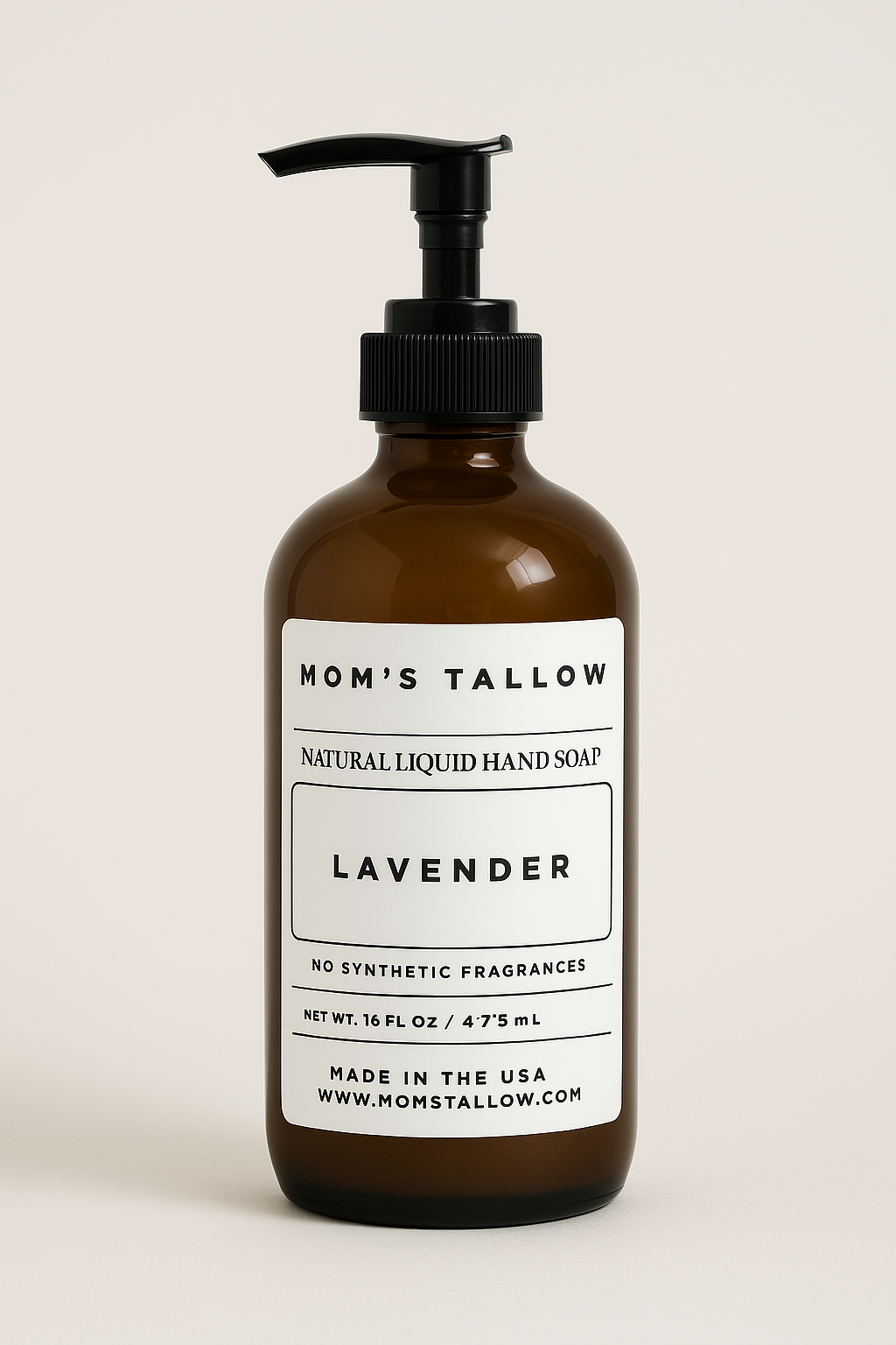 Brown bottle of Mom's Tallow lavender liquid hand soap on a beige background