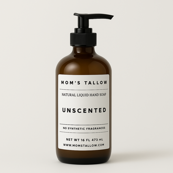 Brown bottle of Mom's Tallow unscented liquid hand soap on a light beige background