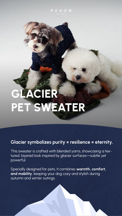 Two dogs wearing sweaters with a mountain and text about the sweater's features.