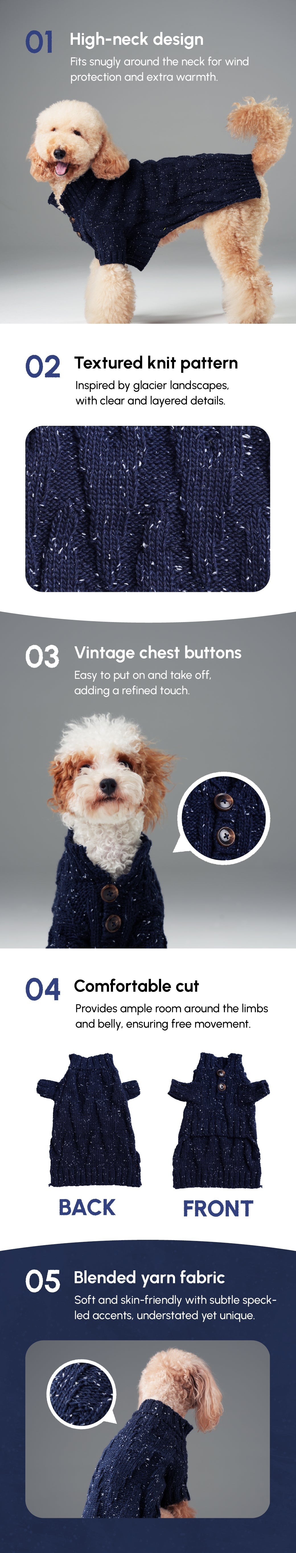 Dog wearing a navy blue knitted sweater with specifications on fabric, pattern, and design.