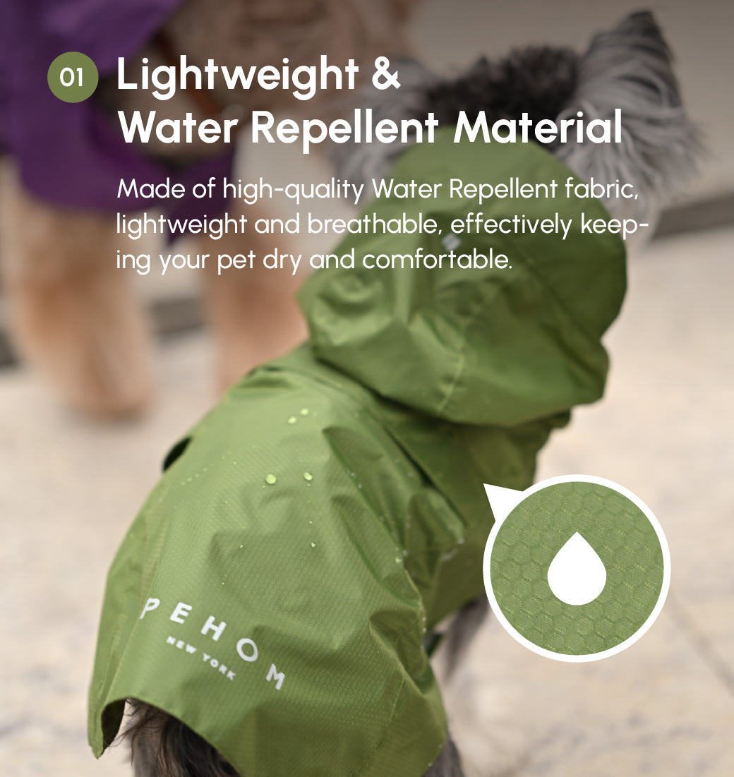 Green dog raincoat with text about water repellent material and PEHOM branding.
