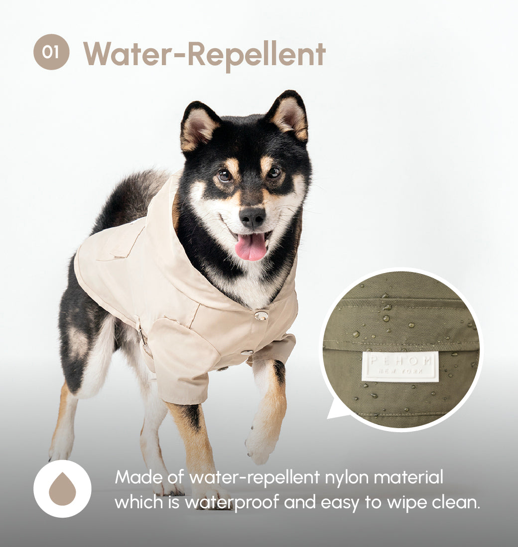 Bowery beige water-repellent dog raincoat with logo snap closure gunmetal hardware adjustable velcro