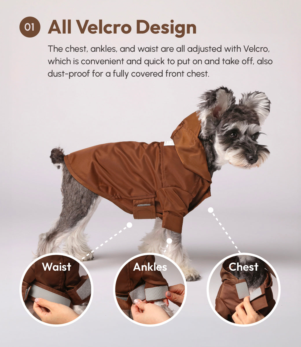 Dog wearing a brown coat with Velcro design on a light gray background