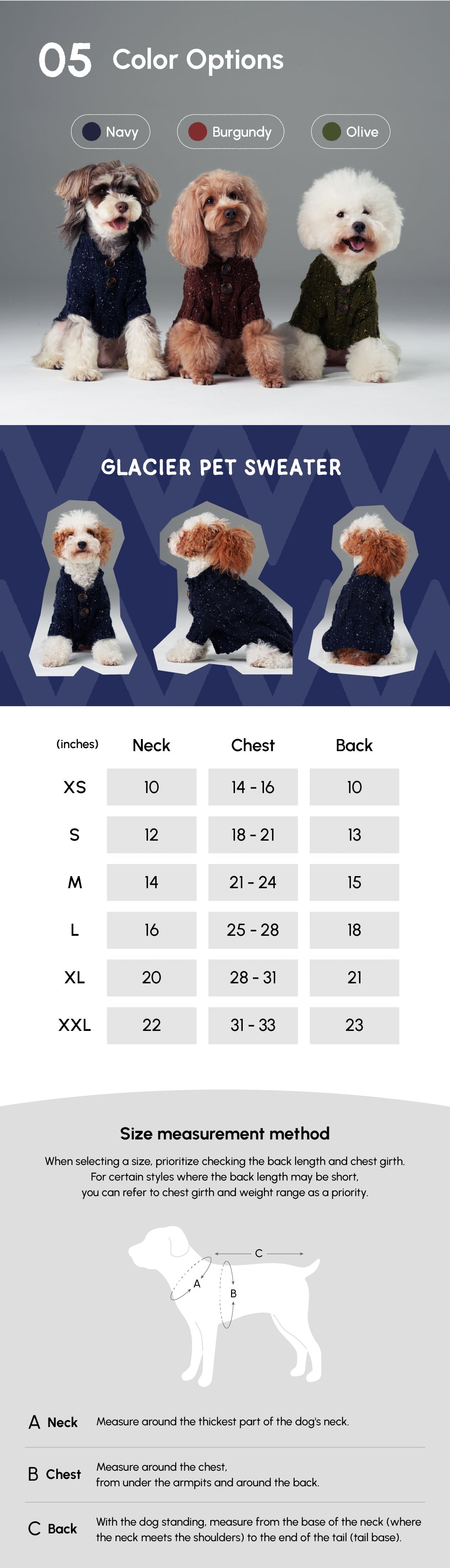 Glacier Pet Sweater size chart with dogs wearing the sweater and measurement details.