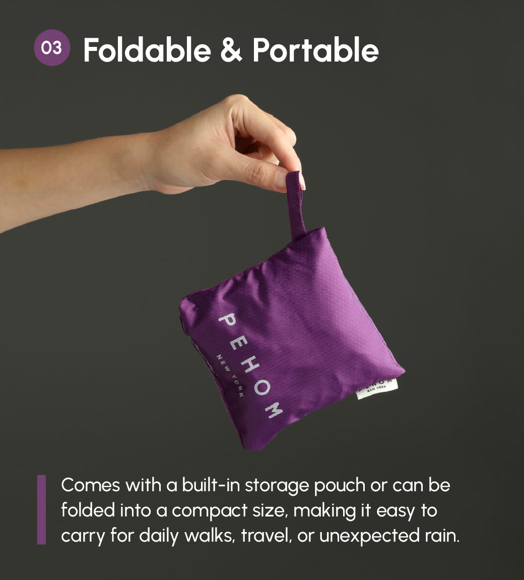 Purple storage pouch with 'PEHOM' branding held by a hand against a dark background.