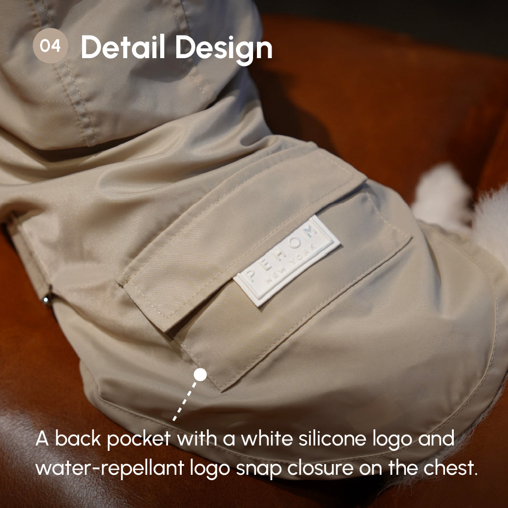 Beige jacket with a white silicone logo on a back pocket
