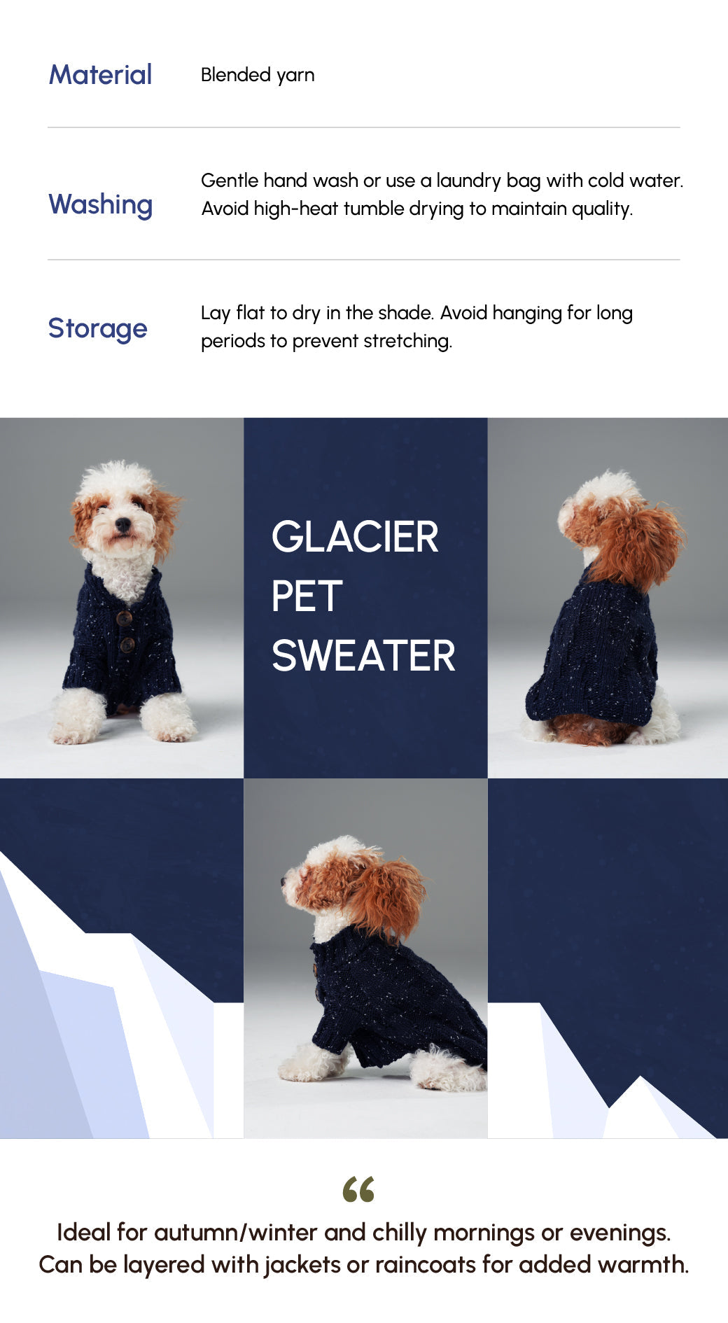 Dog wearing a Glacier Pet Sweater with care instructions and product details.