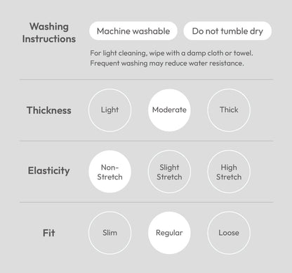 Washing instructions and fabric properties on a gray background