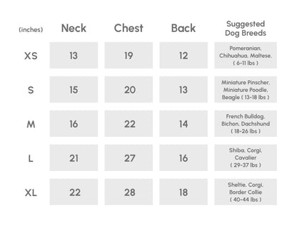 Size chart for dog coats with measurements in inches and suggested dog breeds for each size.