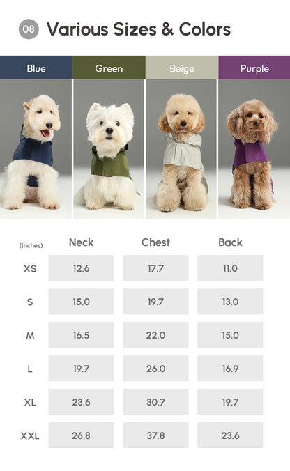 Dog clothing size chart with four dogs wearing different colored shirts on a gray background.