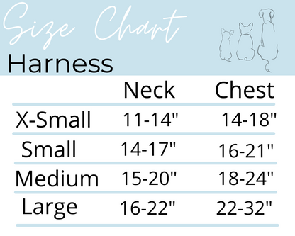 Size chart for dog harnesses with neck and chest measurements.