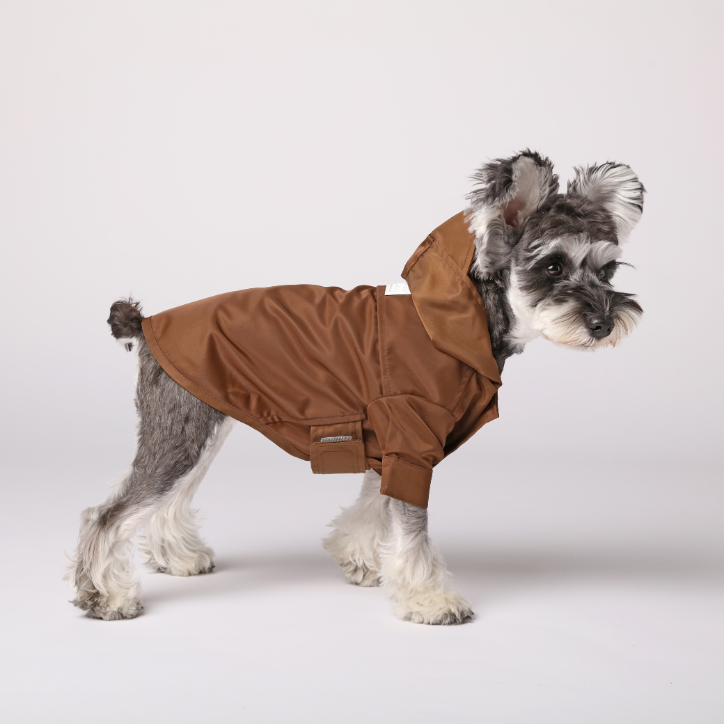 Tribeca chocolate waterproof dog raincoat convertible hood all velcro closure wrap cuff leash hole vent