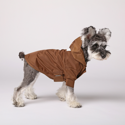 Tribeca chocolate waterproof dog raincoat convertible hood all velcro closure wrap cuff leash hole vent