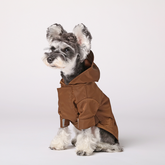 Tribeca chocolate waterproof dog raincoat convertible hood all velcro closure wrap cuff leash hole vent