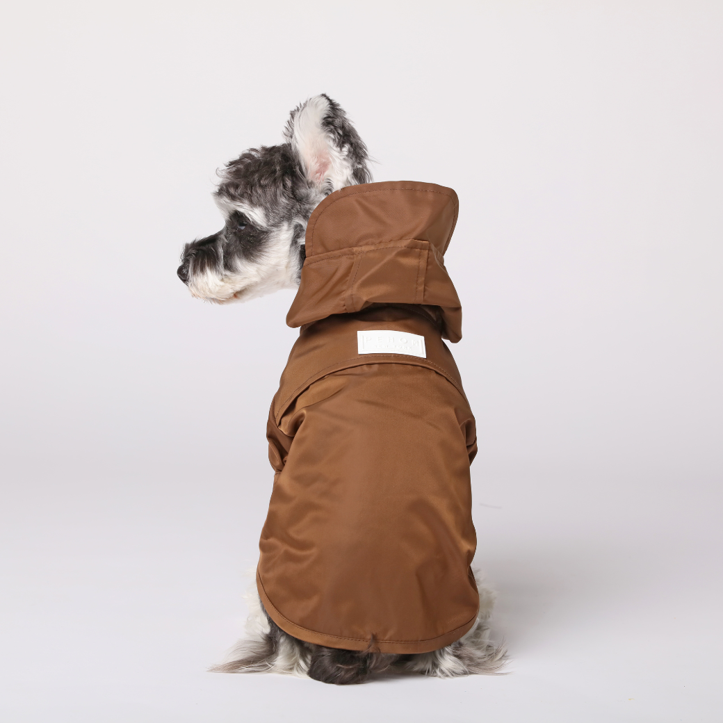 Tribeca chocolate waterproof dog raincoat convertible hood all velcro closure wrap cuff leash hole vent
